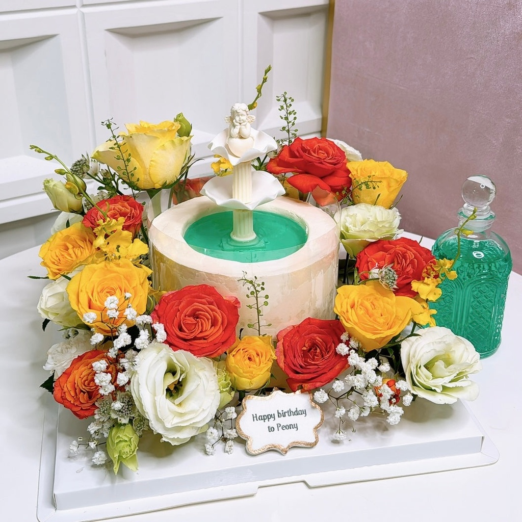鮮花許願池蛋糕 (橙色黃色 / 6” / 糖水一瓶)